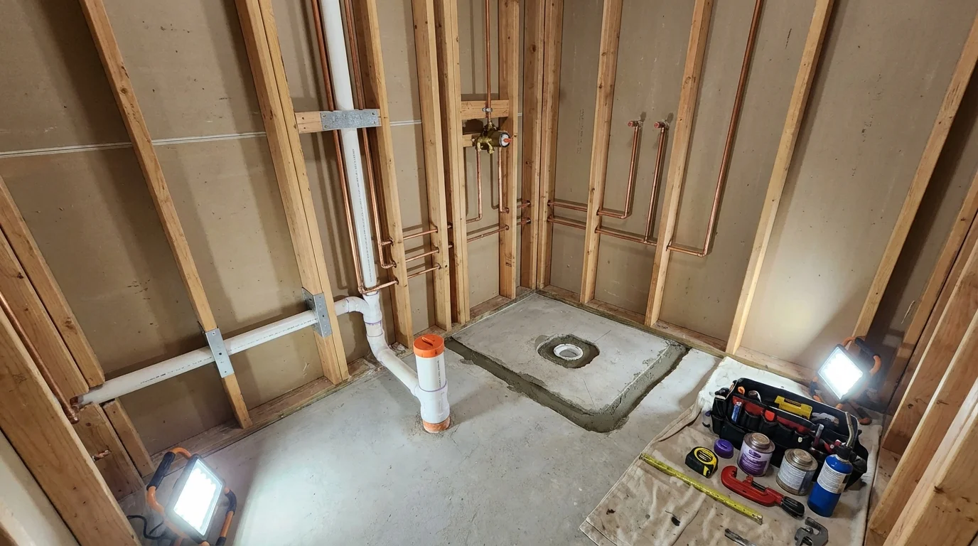 Bathroom rough-in plumbing during remodel by Johns Plumbing LLC in Harpersville