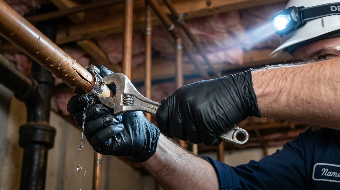 Emergency pipe clamp repair being performed by a Johns Plumbing LLC plumber in Harpersville