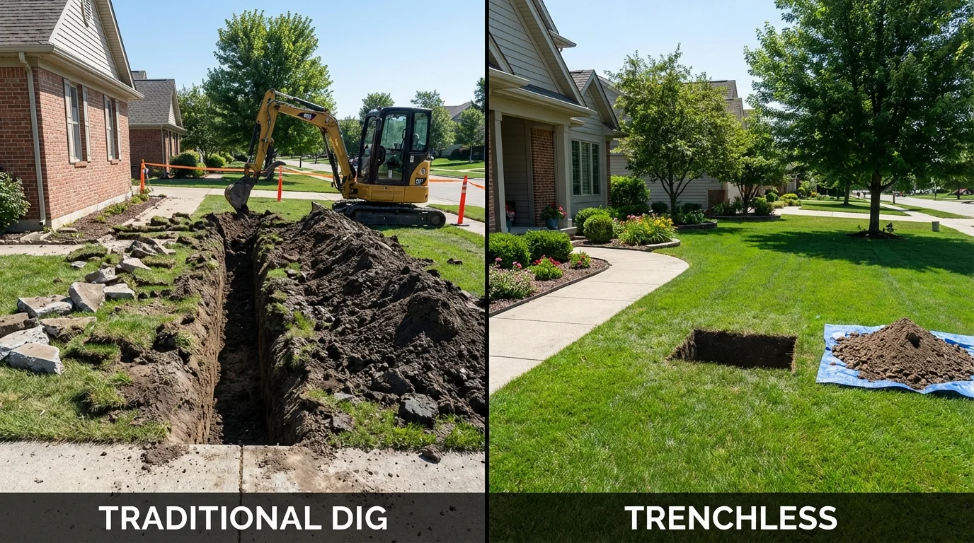 Trenchless sewer repair with minimal yard damage versus traditional excavation in Harpersville, AL