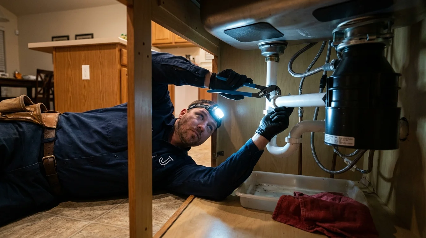 P-trap and supply line connections under a kitchen sink showing a common leak point in Harpersville, AL
